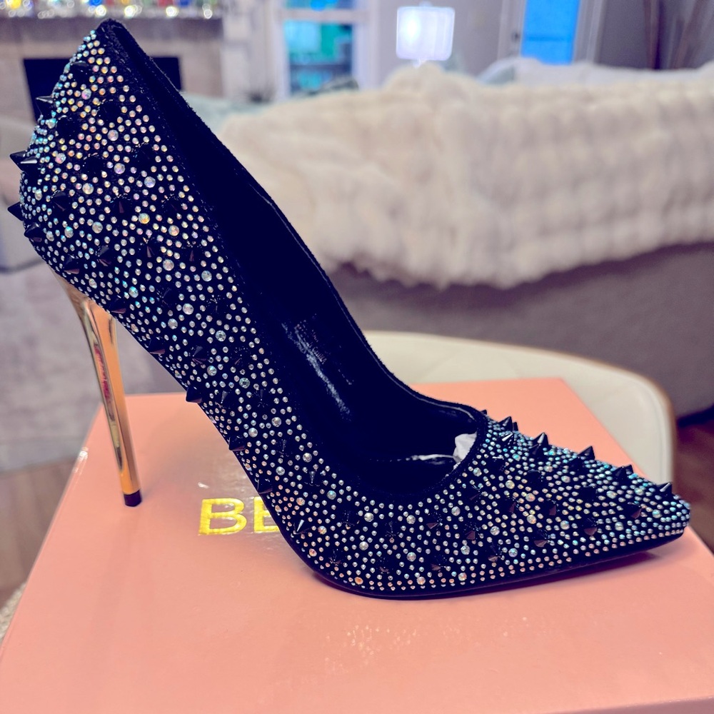Black Studded Rhinestone Stiletto Heels w/ Gold Heel – Statement Pump